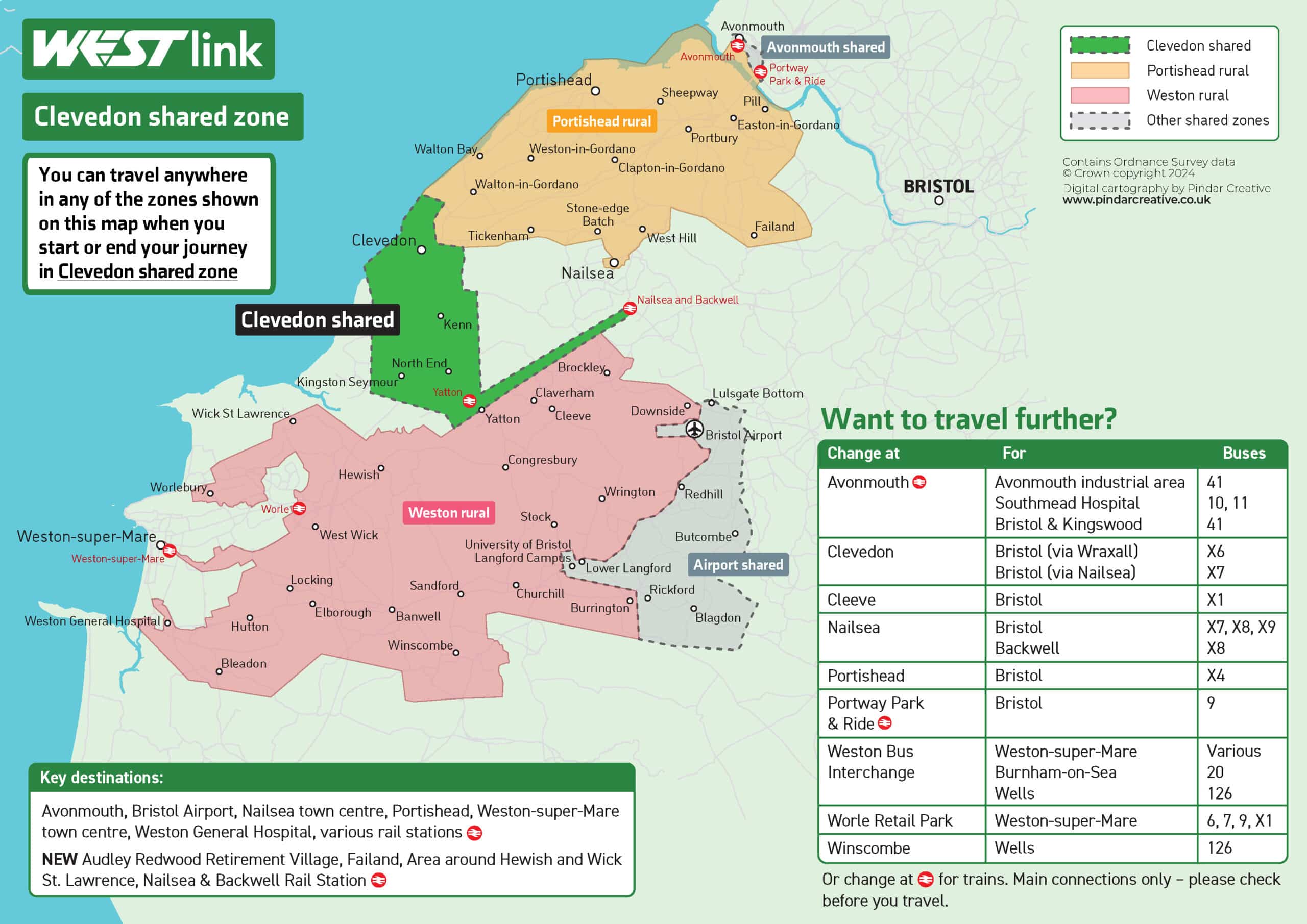 Clevedon shared zone map showing the boundaries and where you can travel. This information is also provided in an accessible version below.