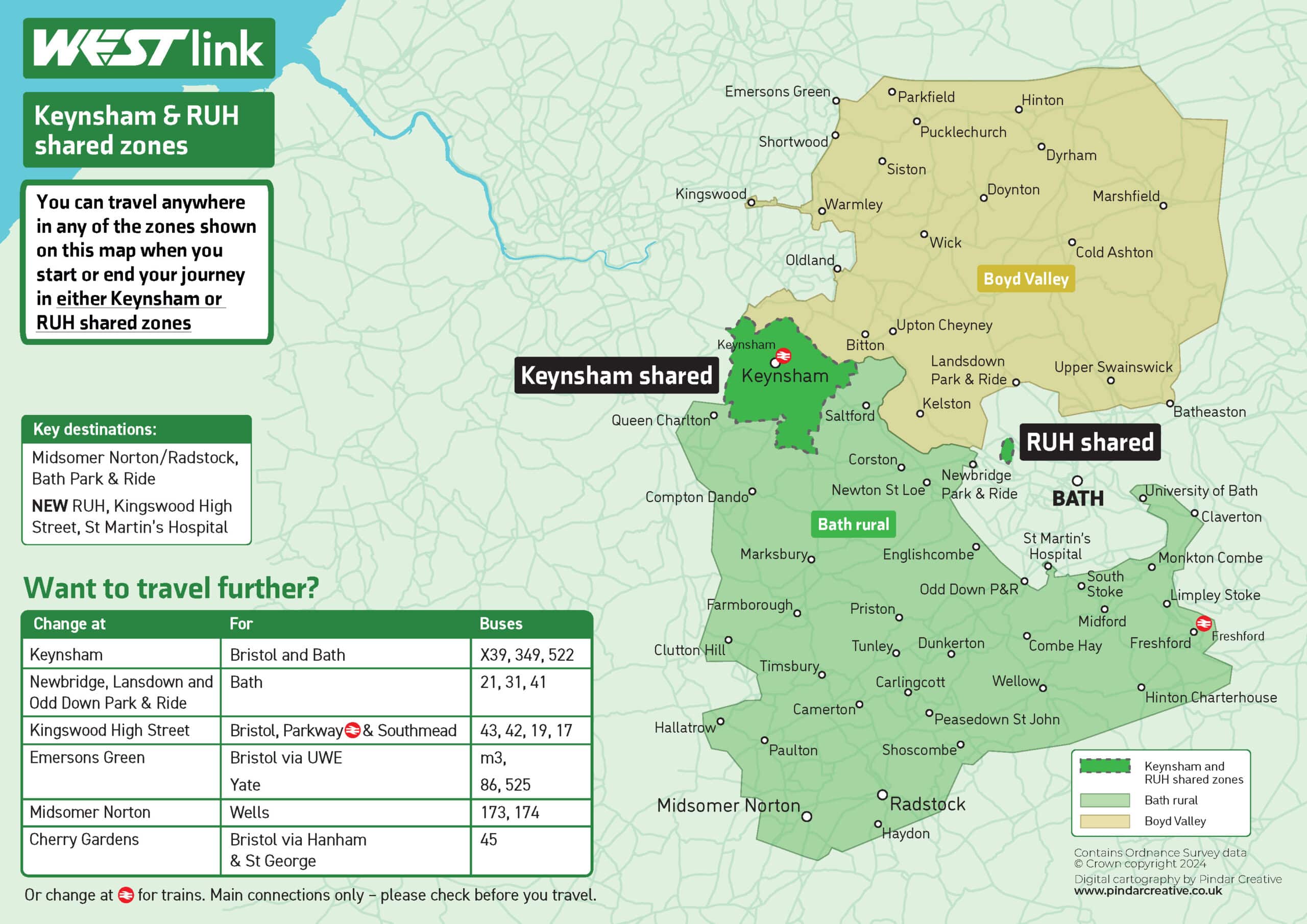 Keynsham and RUH shared zone maps showing the boundaries and where you can travel. This information is also provided in an accessible version below.