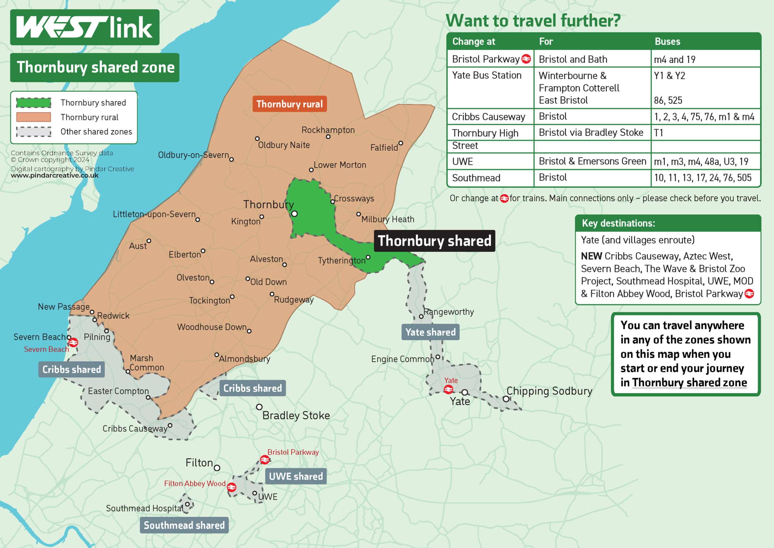 Thornbury shared zone map showing the boundaries and where you can travel. This information is also provided in an accessible version below.