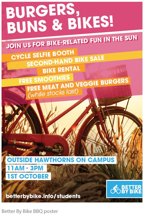 Burgers, buns & bikes! Join us for bike-related fun in the sun; cycle selfie booth; second-hand bike sale; bike rental; free smoothies; free meat and veggie burgers.