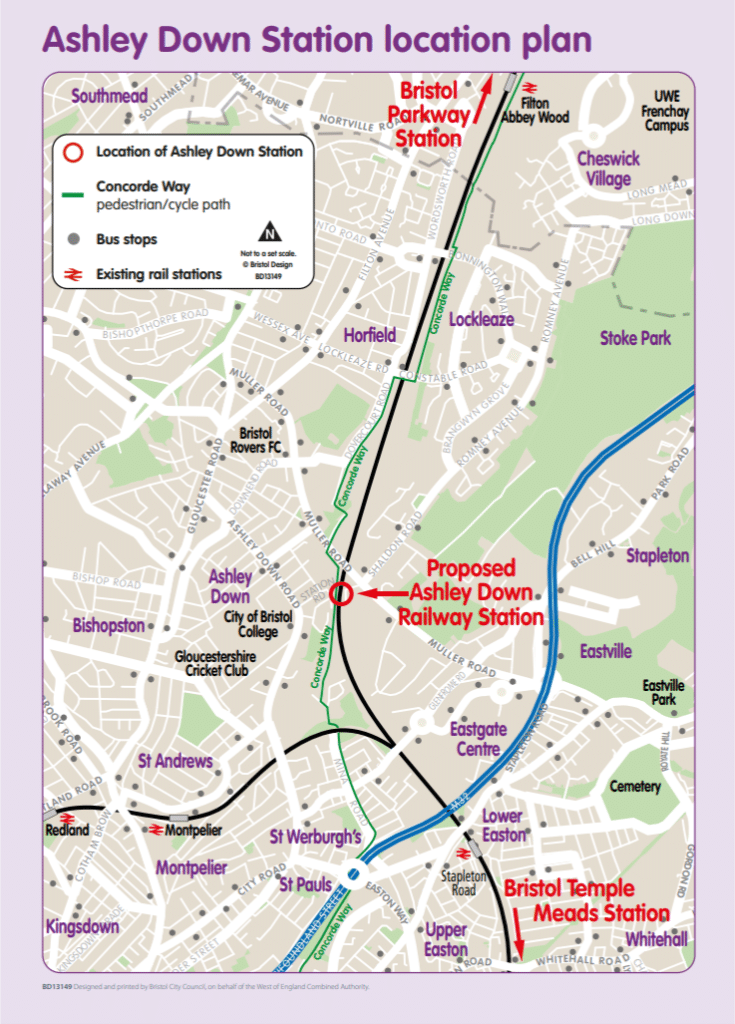 Ashley Down Station Location Plan. The proposed Ashley Down Station will be close to where the pedestrian and cycle path called Concorde Way meets Muller Road.