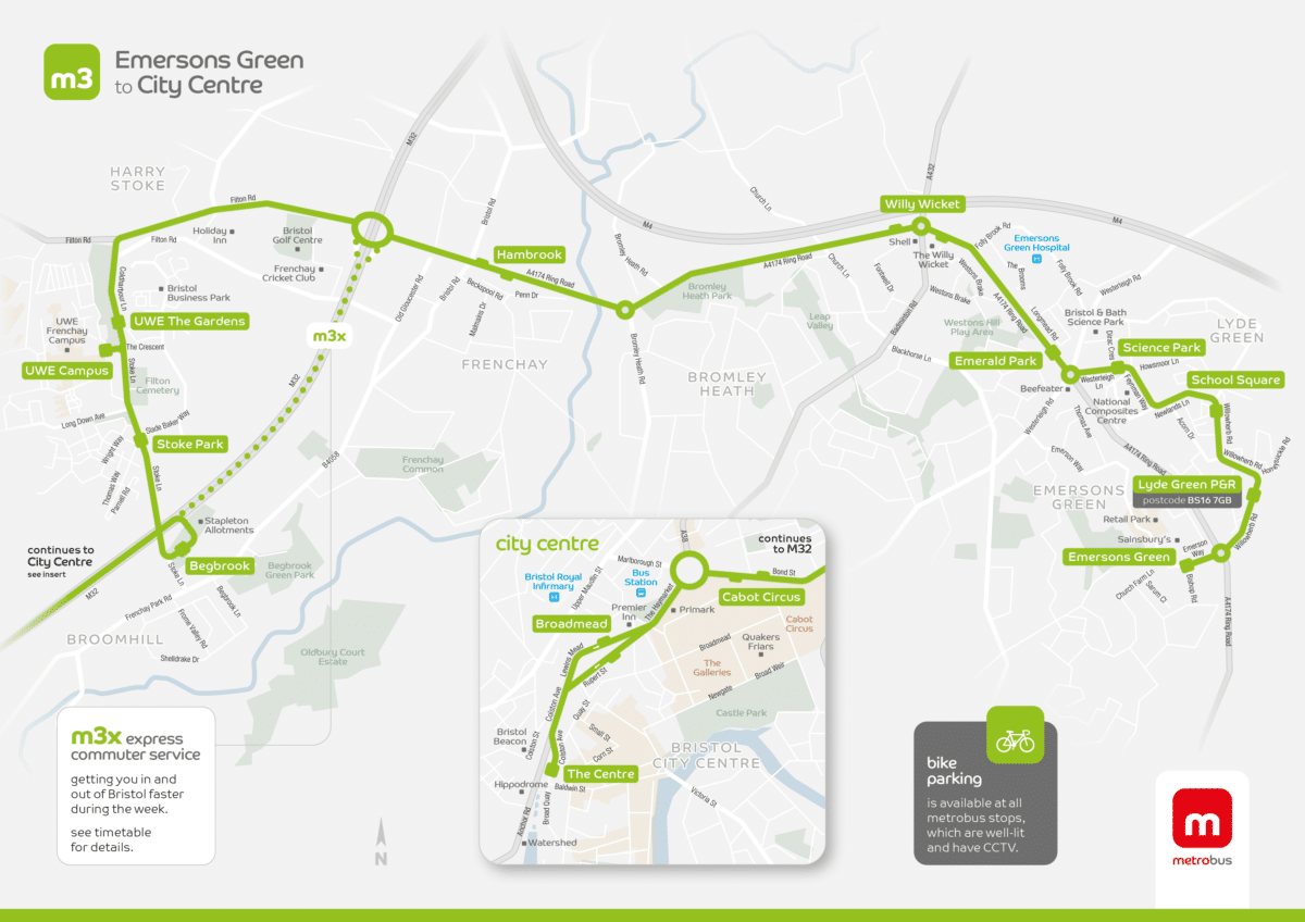 A map showing the route of the m3 and m3x metrobus services