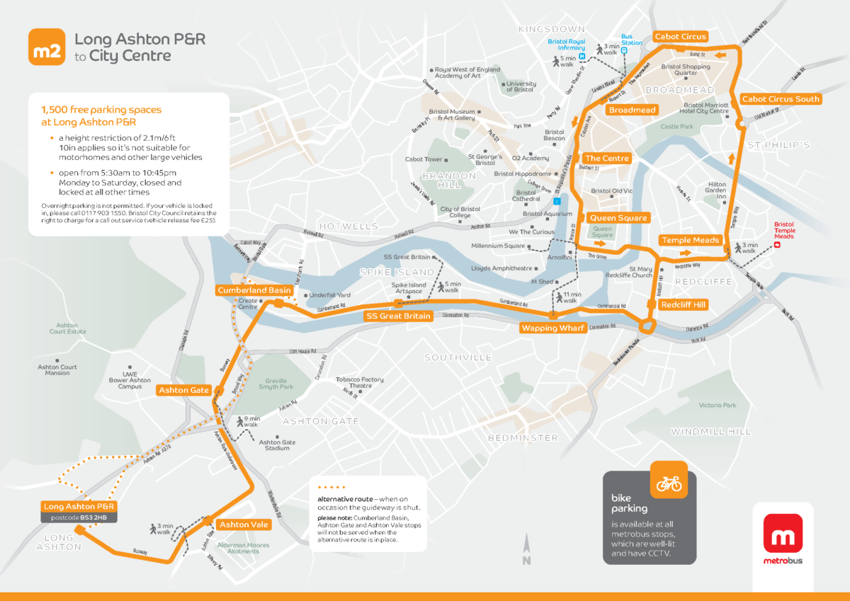 Route map of the m2 showing it operates between Long Ashton Park & Ride and Bristol City Centre via Cumberland Basis, SS Great Britain and Wapping Warf. 1500 free parking spaces are available at Long Ashton Park & ride. Bike parking is available at all metrobus stops, which are well-lit and have CCTV.